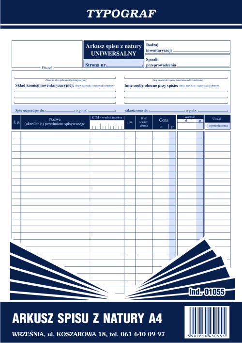 Arkusz spisu z natury Typograf A4