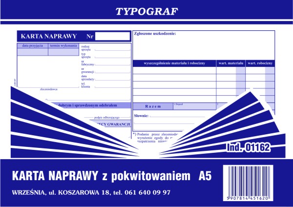Karta naprawy z pokwitowaniem Typograf A5