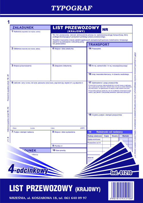 List przewozowy krajowy 4-odcinkowy (bloczek) Typograf A4