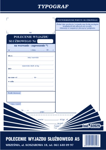 Polecenie wyjazdu służbowego Typograf A5