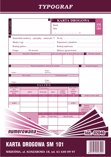 Karta drogowa na samochody osobowe Sm 101 numerowana Typograf A5