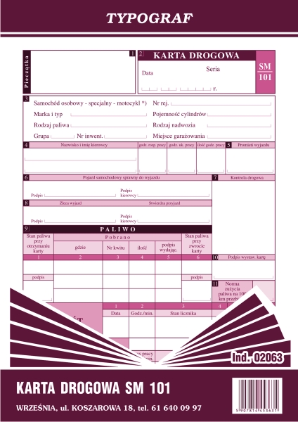 Karta drogowa na samochody osobowe Sm 101 Typograf A5