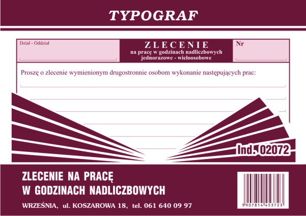 Zlecenie na pracę w godzinach nadliczbowych Typograf A6