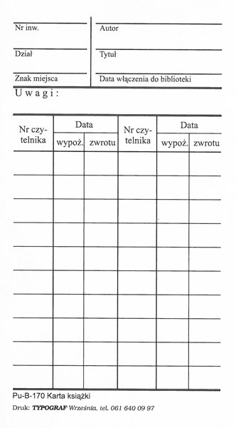 Karta książki B170 TYPOGRAF A7