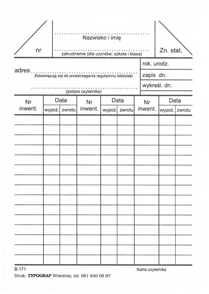 Karta czytelnika B171 Typograf A6