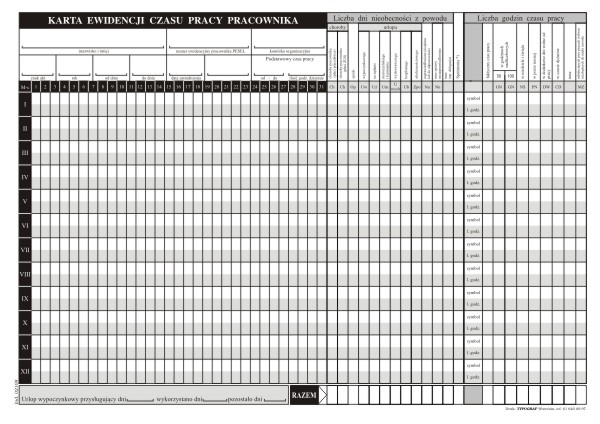 Karta ewidencji czasu pracy Typograf A4
