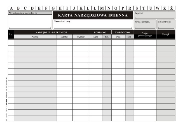 Karta narzędziowa imienna Typograf A5