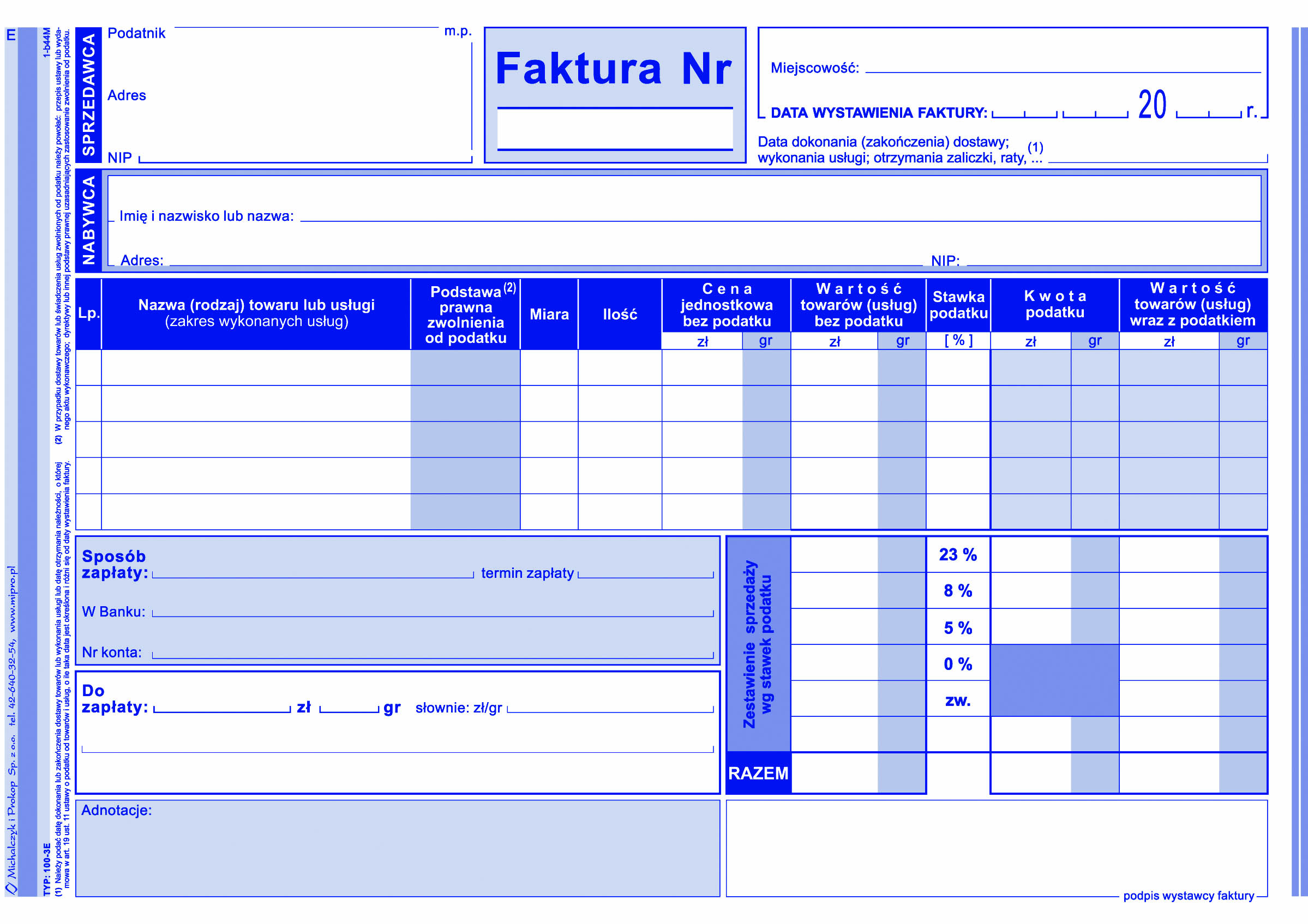 Faktura VAT wzór pełny dla osób prowadżących sprzedaż w cenach netto MiP 100-3E  A5 wielokopia