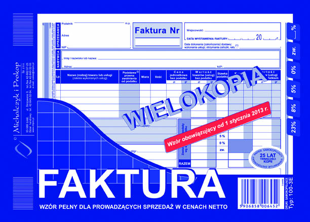 Faktura VAT wzór pełny dla osób prowadżących sprzedaż w cenach netto MiP 100-3E  A5 wielokopia