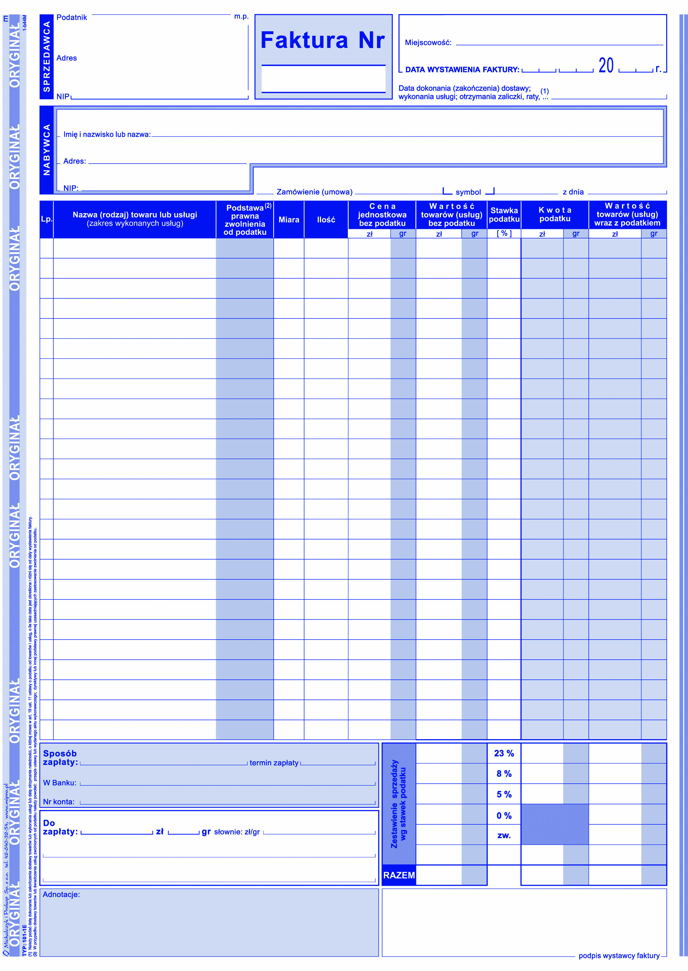 Faktura VAT wzór pełny dla osób prowadzących sprzedaż w cenach netto MiP 101-1E A4