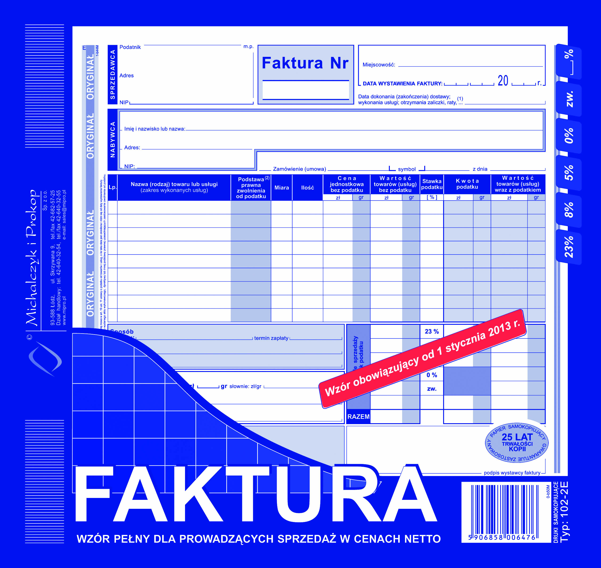 Faktura VAT wzór pełny dla osób prowadzących sprzedaż w cenach netto MiP 102-2E 2/3 A4