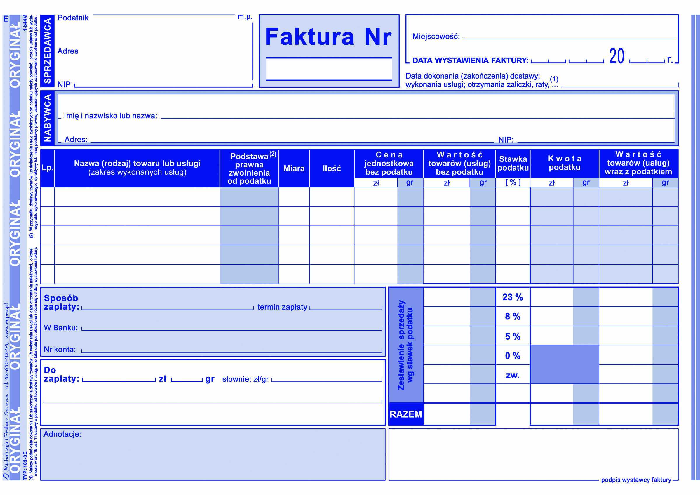 Faktura VAT wzór pełny dla osób prowadżących sprzedaż w cenach netto MiP 103-3E A5
