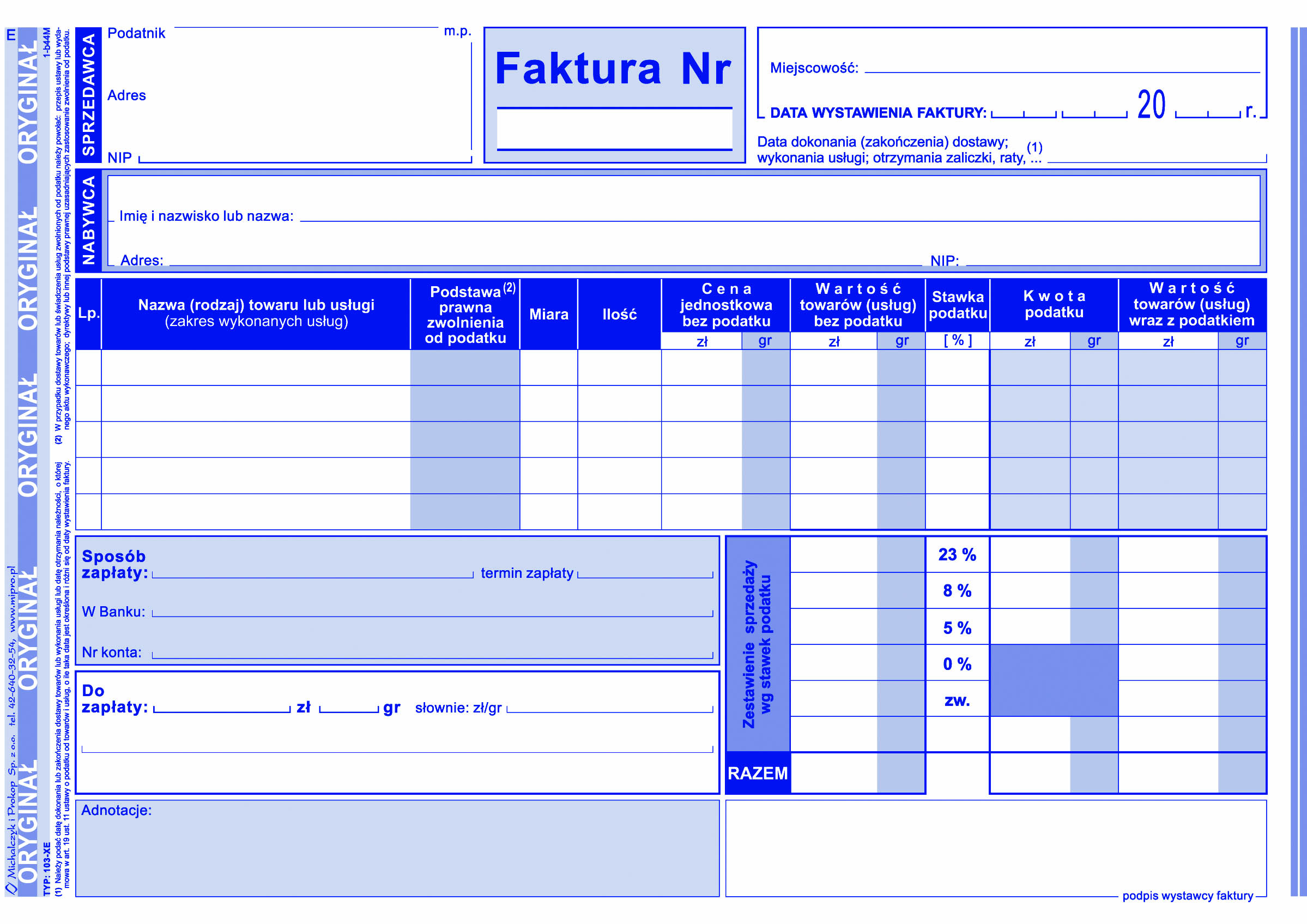 Faktura VAT wzór pełny dla osób prowadżących sprzedaż w cenach netto MiP 103-XE A5