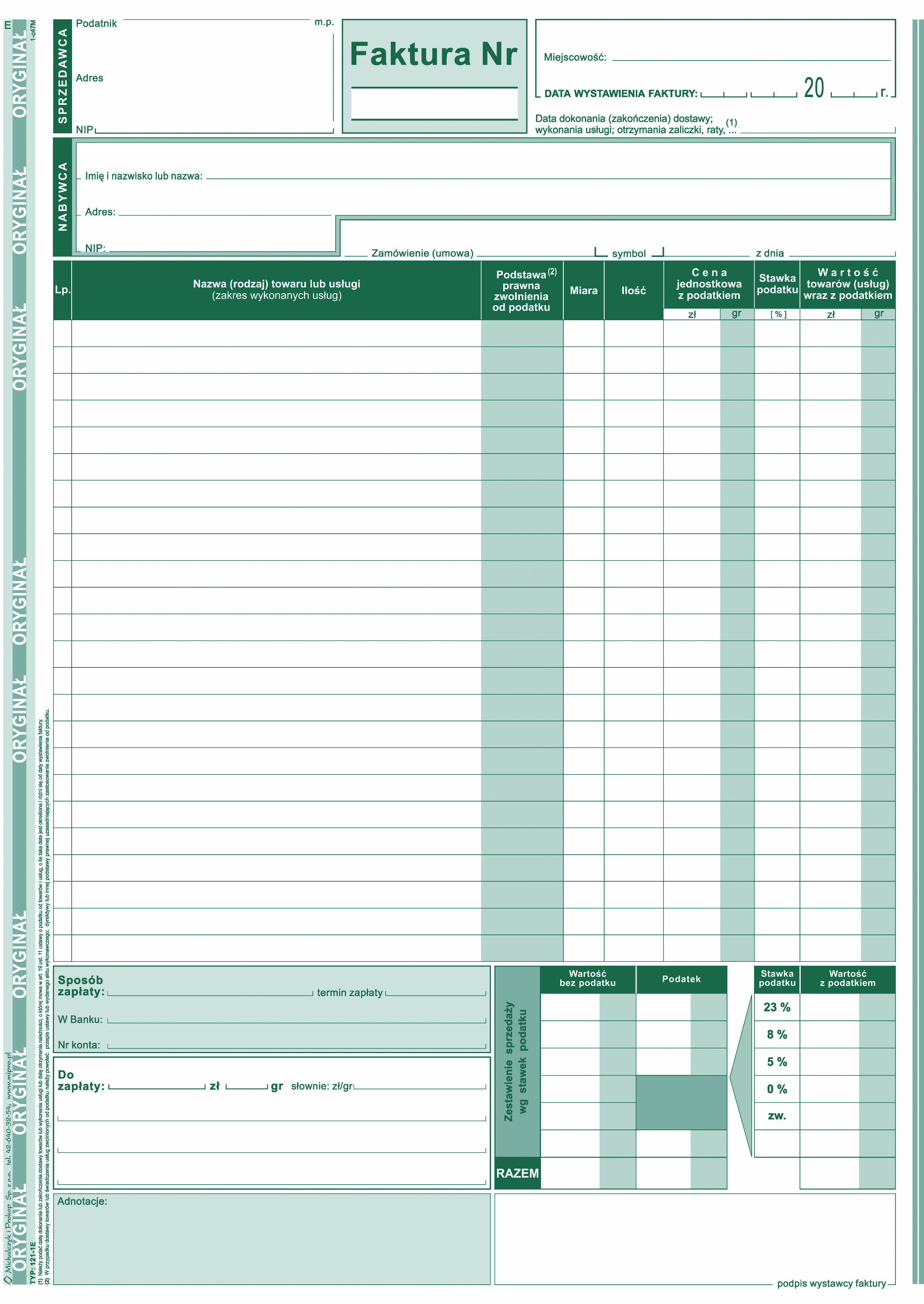 Faktura VAT wzór pełny dla osób prowadżących sprzedaż w cenach brutto MiP 121-1E A4
