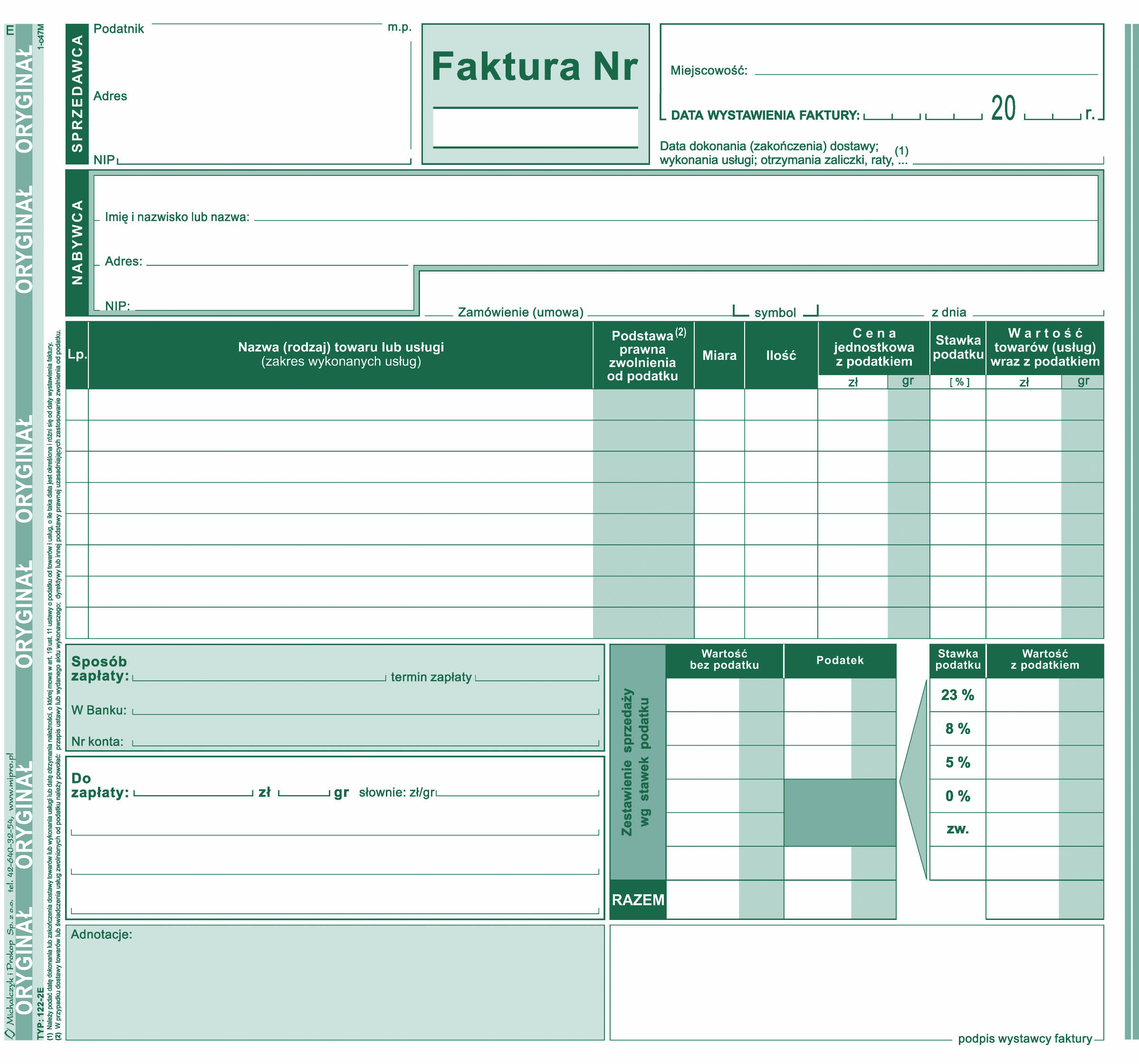 Faktura VAT uproszczona dla prowadzących sprzedaż w cenach brutto MiP 122-2E 2/3 A4