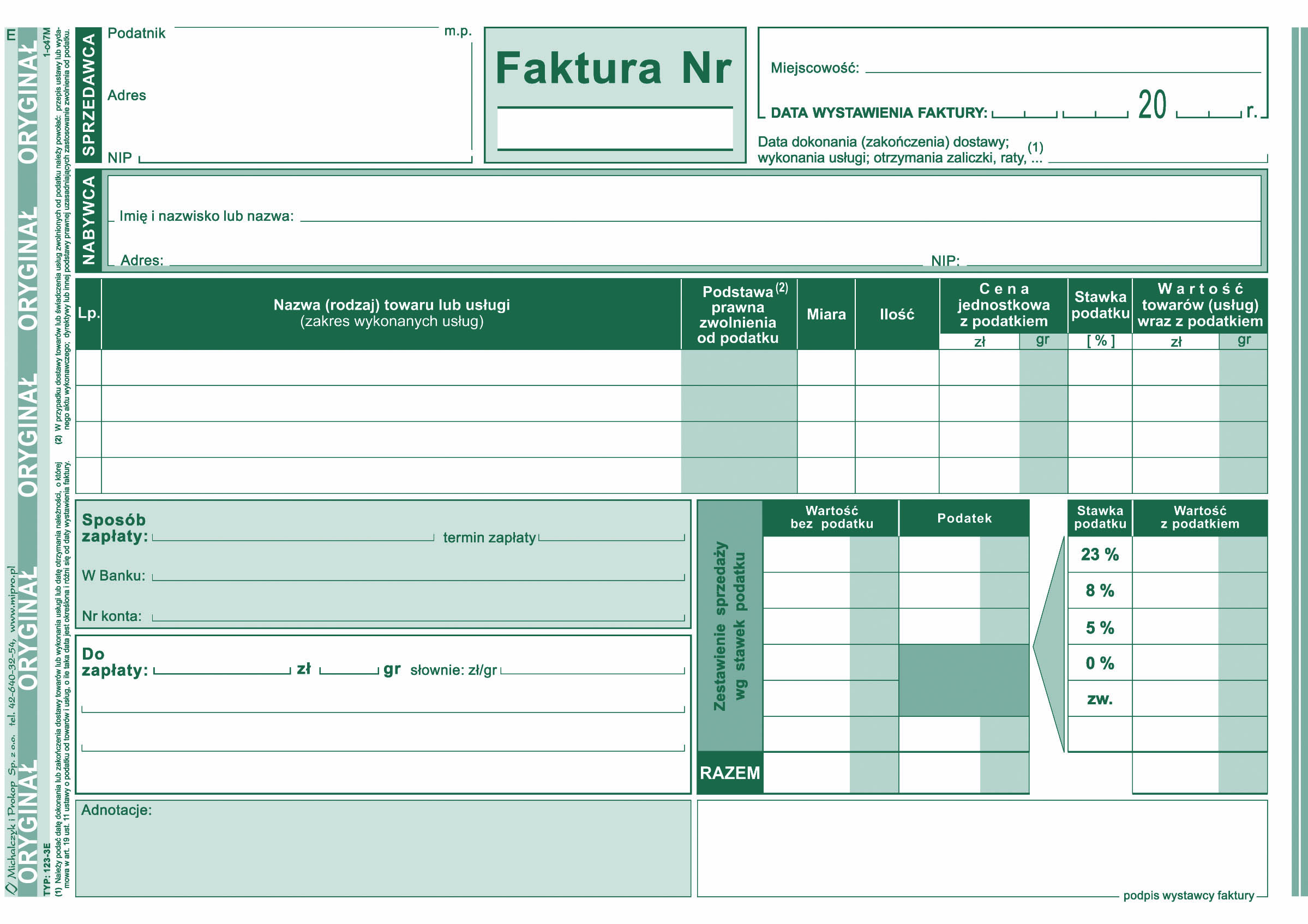 Faktura VAT wzór pełny dla osób prowadżących sprzedaż w cenach brutto MiP 123-3E A5