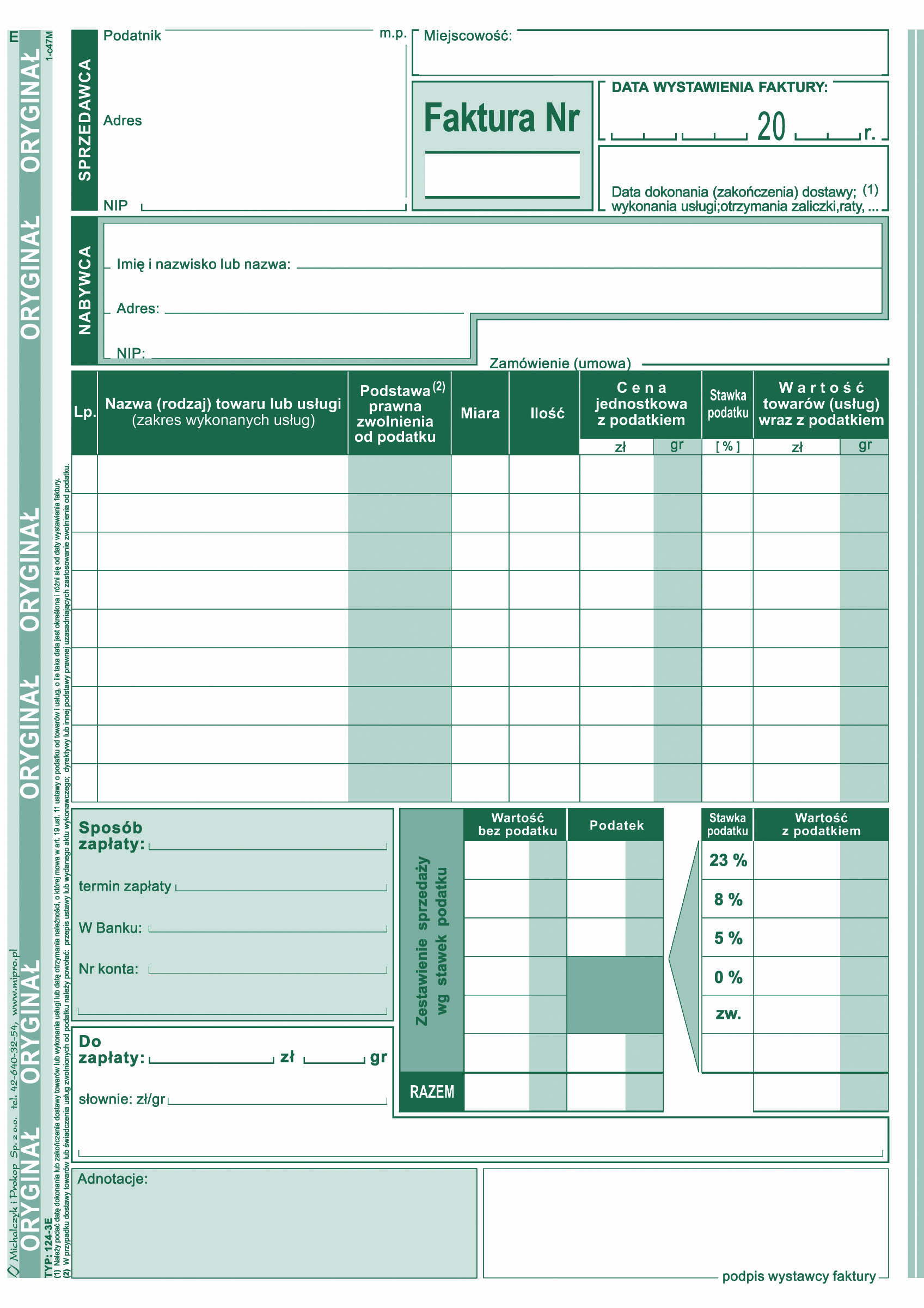 Faktura VAT wzór pełny dla osób prowadżących sprzedaż w cenach brutto MiP 124-3E A5