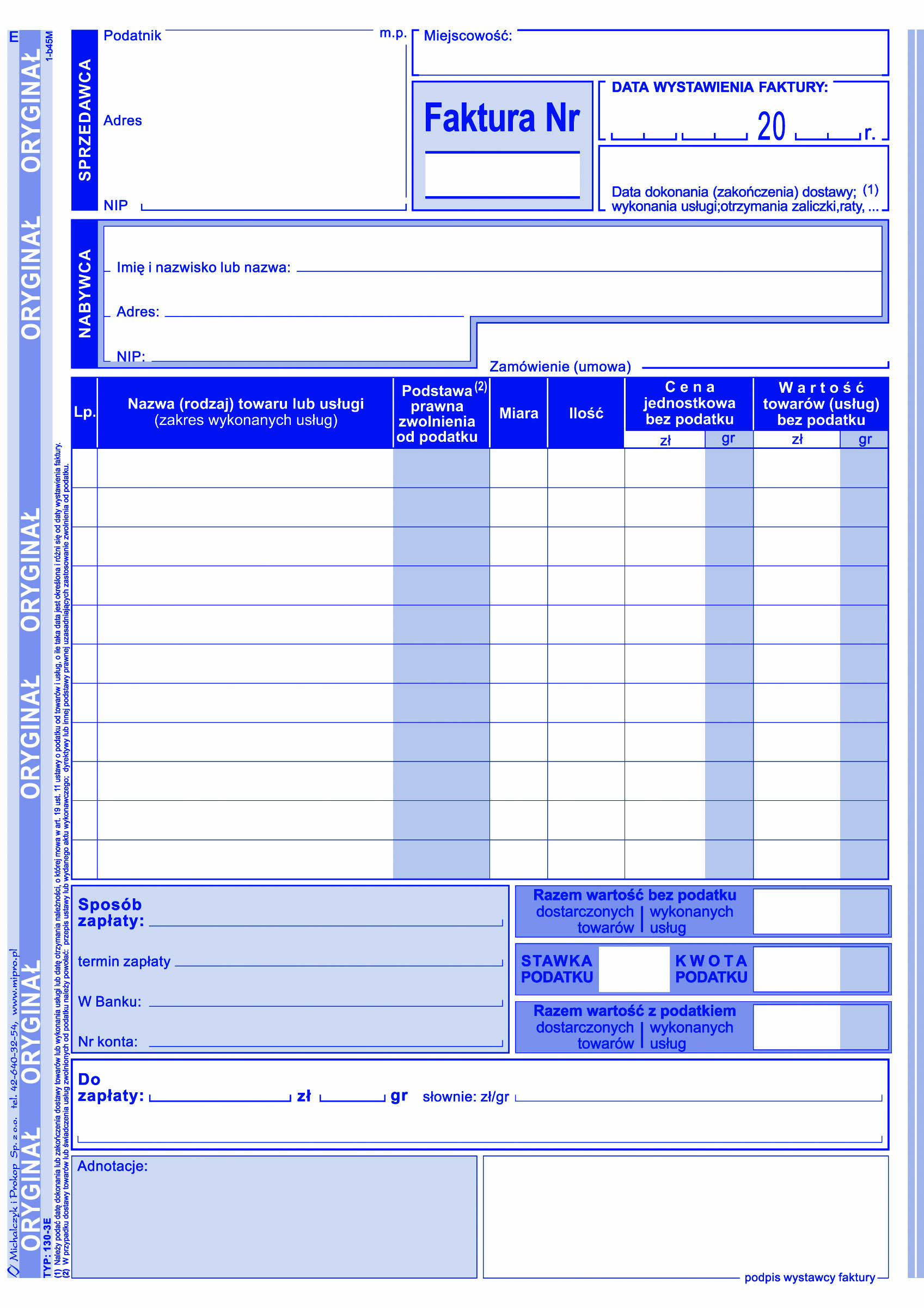 Faktura VAT z jedną stawką podatku dla osób prowadżących sprzedaż w cenach brutto MiP 130-3E A5
