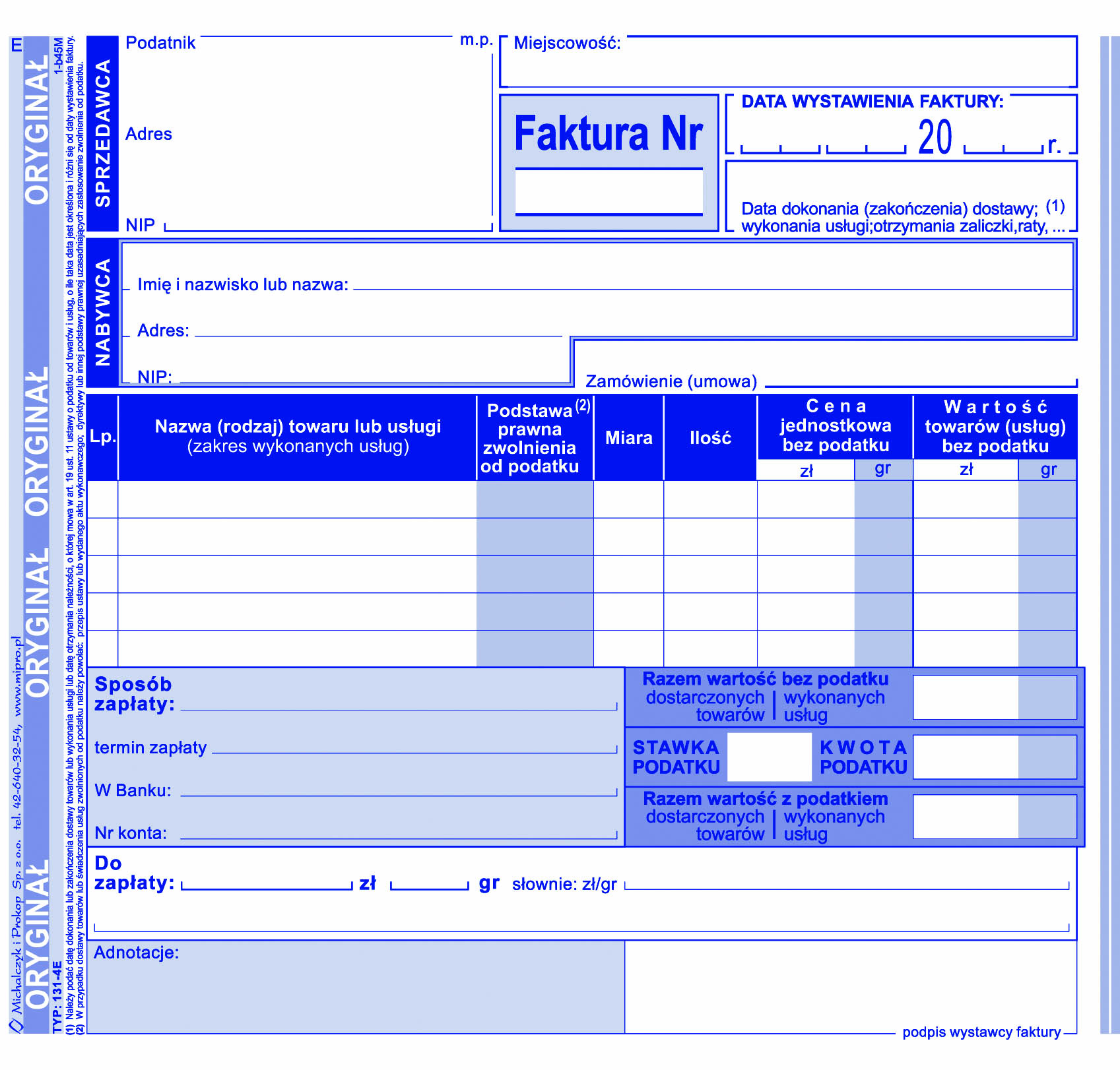 Faktura VAT z jedną stawką podatku dla prowadzących sprzedaż w cenach netto 131-4E 2/3 A5