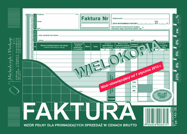Faktura VAT wzór pełny dla osób prowadżących sprzedaż w cenach netto MiP 140-3E A5 wielokopia