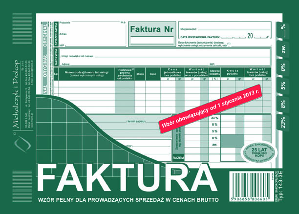 Faktura VAT wzór pełny dla osób prowadżących sprzedaż w cenach netto MiP 143-3E A5