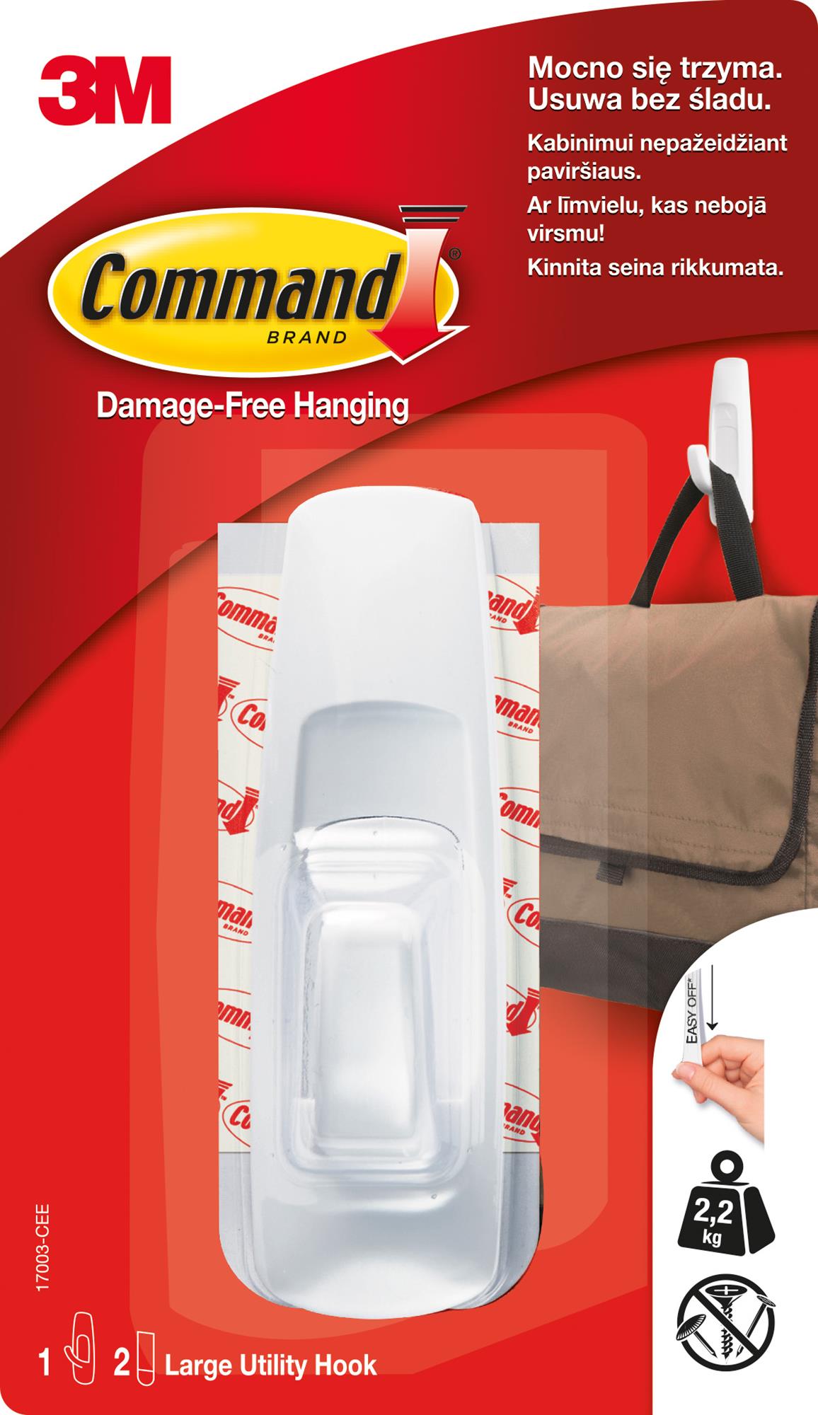 Hak Command wielokrotnego uzytku, duży, 1 duży hak + 2 duże paski