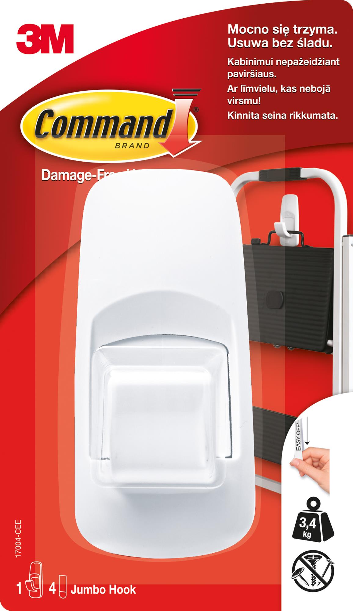 Hak Command Jumbo wielokrotnego użytku duży, 1 hak jumbo + 4 duże paski