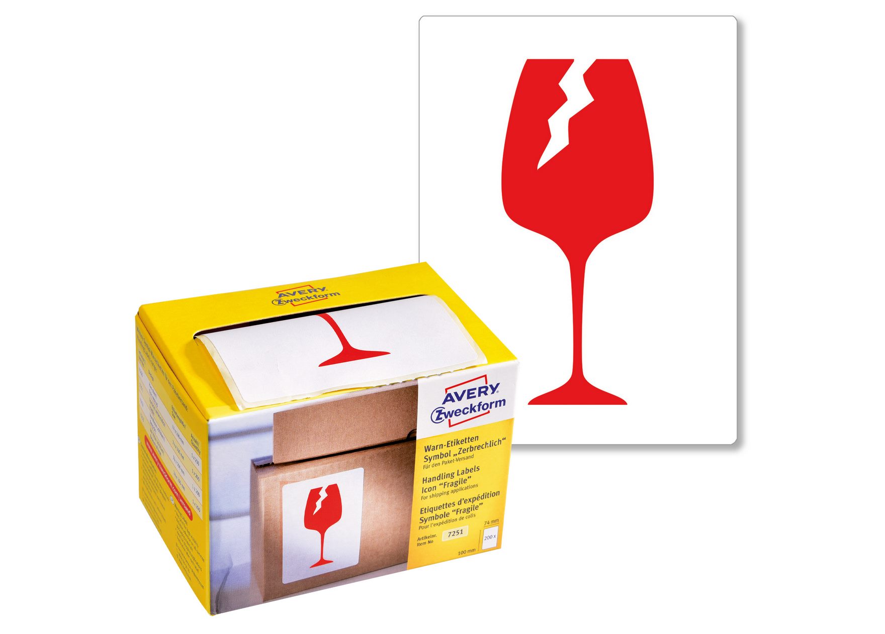 Ostrzegawcze etykiety wysyłkowe Avery Zweckform OSTROŻNIE SZKŁO 74x100mm
