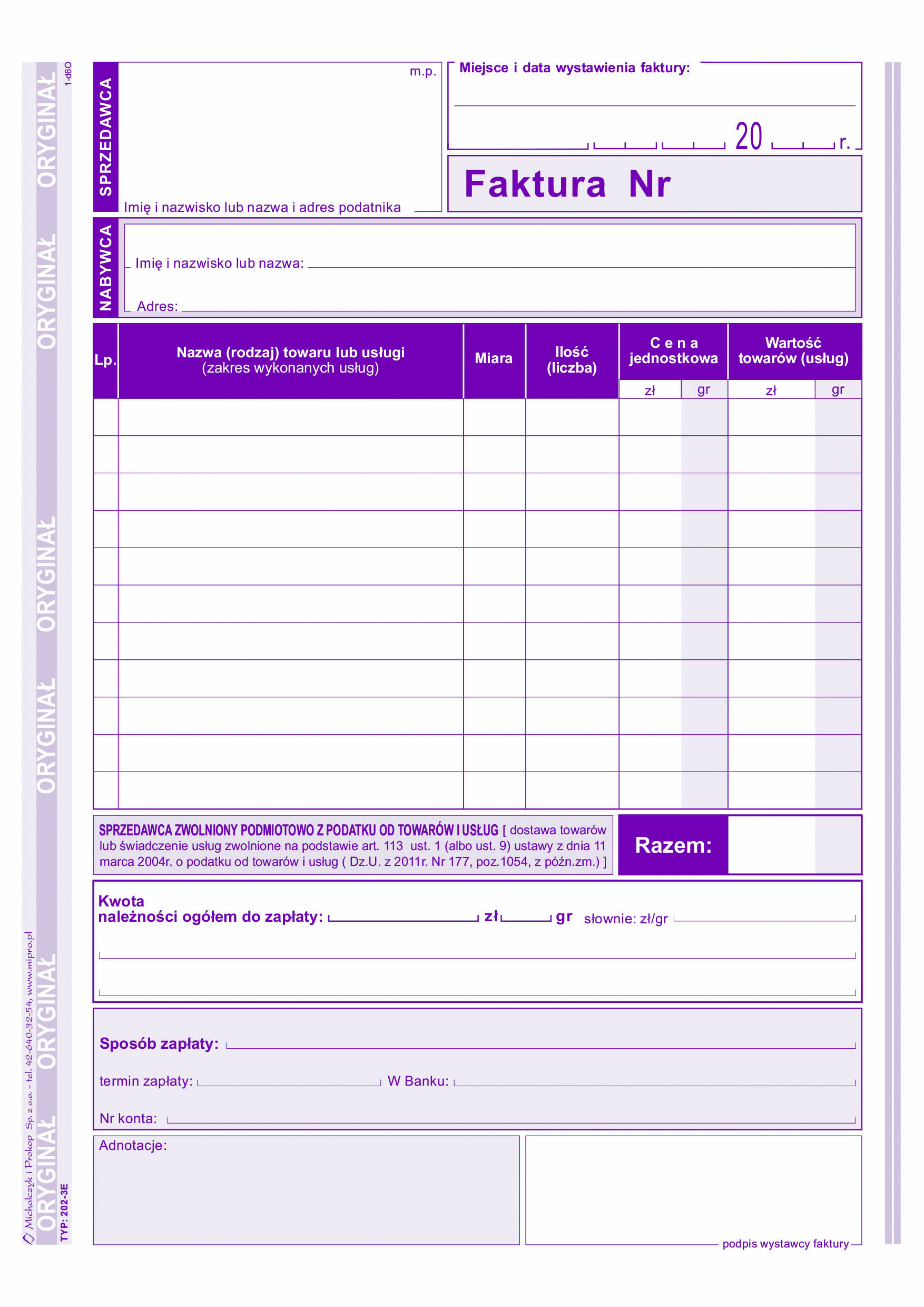 Faktura dla podatników zwolnionych podmiotowo z podatku od towarów i usług MiP 202-3E A5