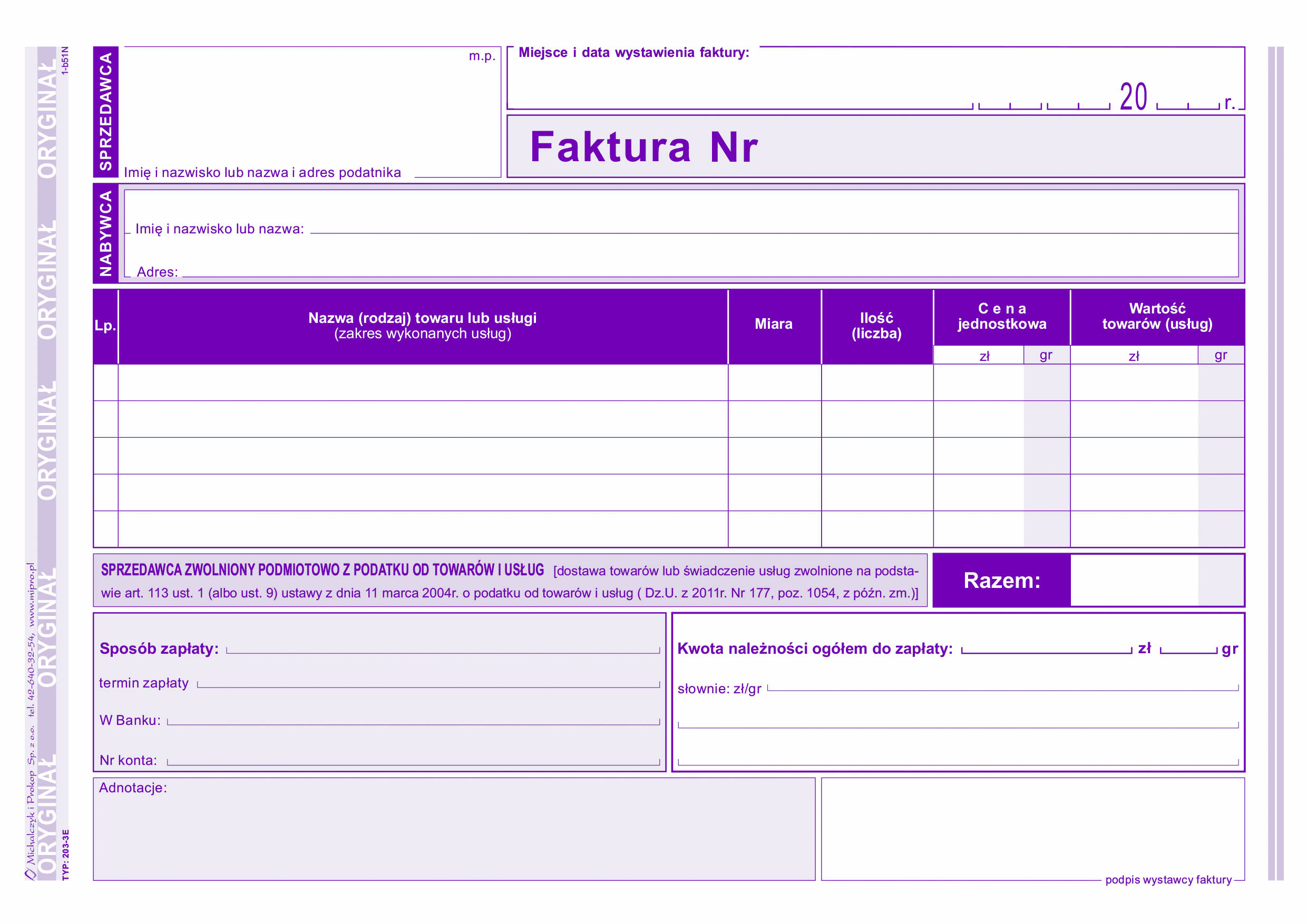 Faktura dla podatników zwolnionych podmiotowo z podatku od towarów i usług MiP 203-3E A5