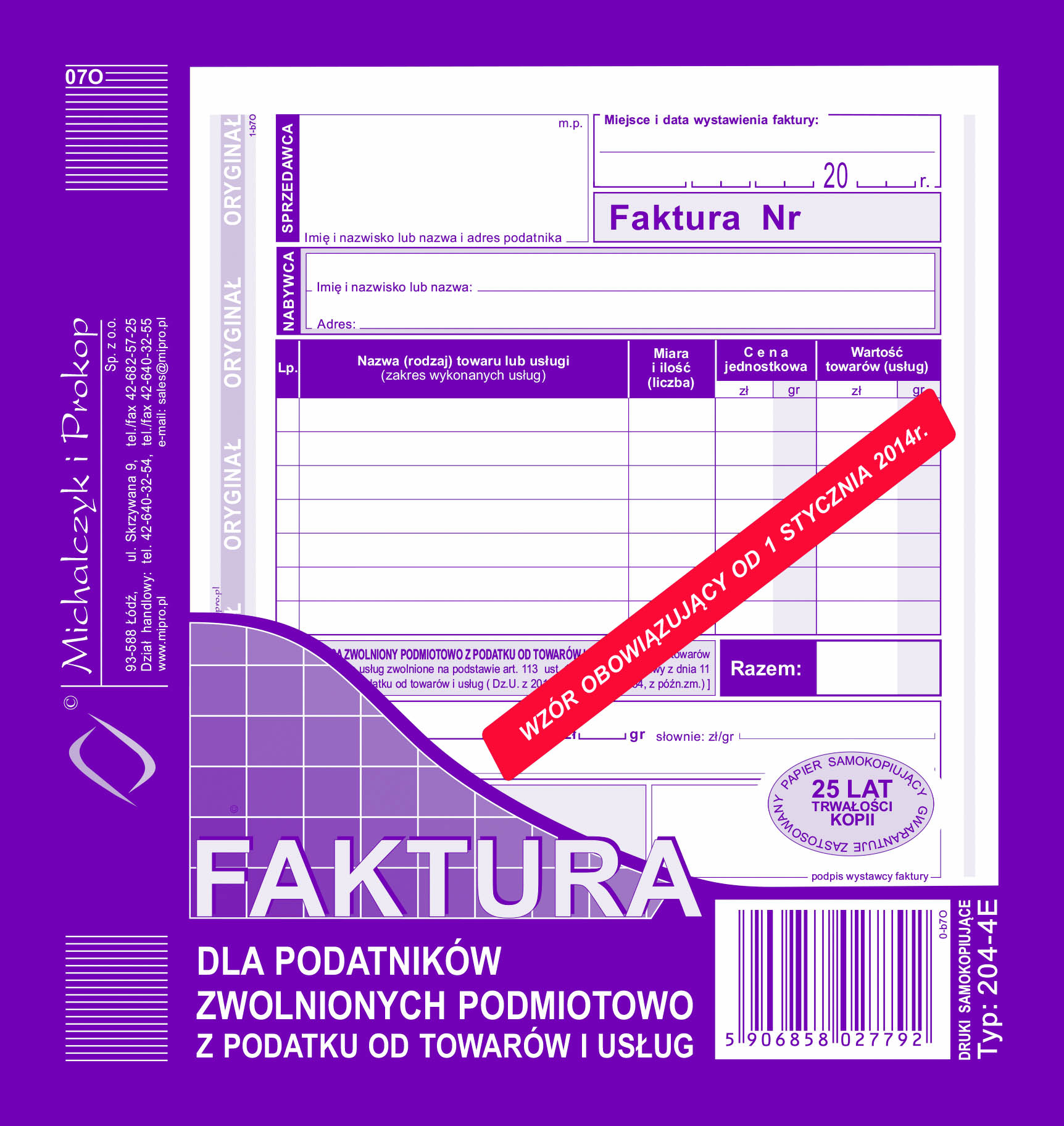 Faktura dla podatników zwolnionych podmiotowo z podatku od towarów i usług MiP 204-4E 2/3 A5