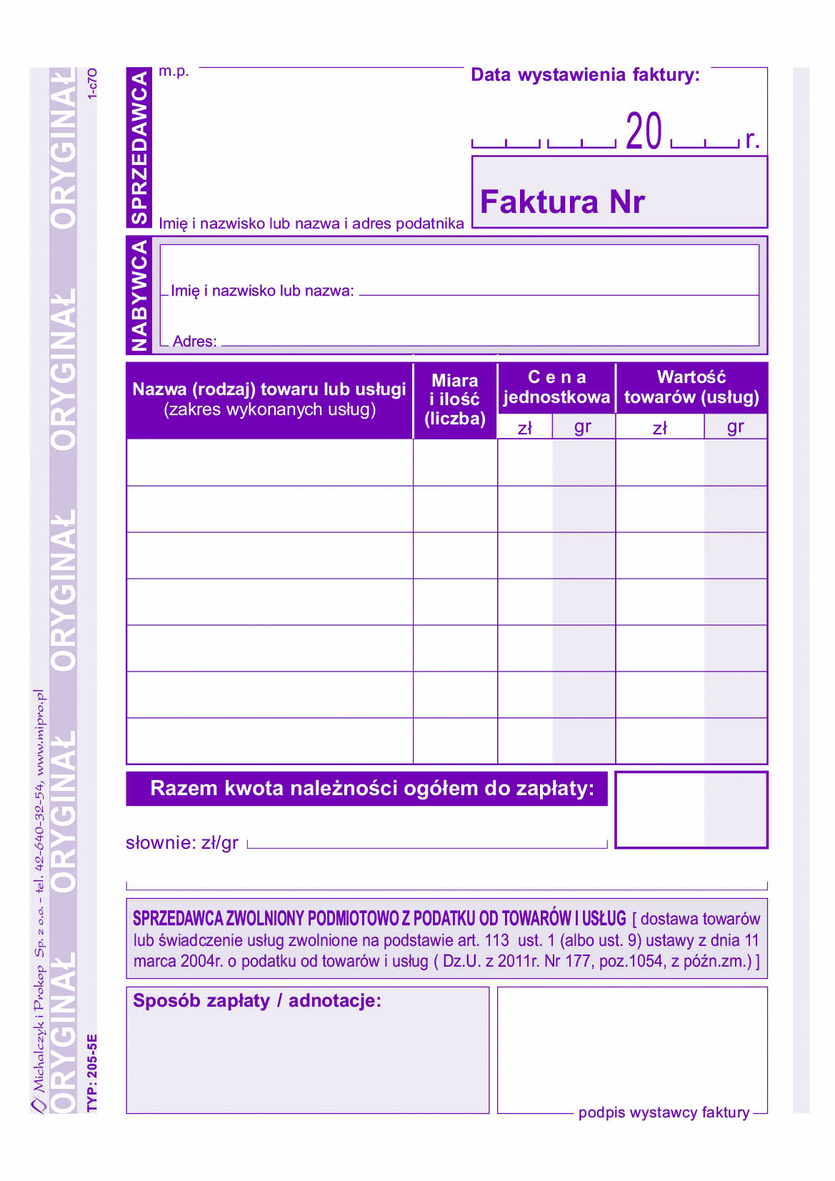 Faktura dla podatników zwolnionych podmiotowo z podatku od towarów i usług MiP 205-5E A6