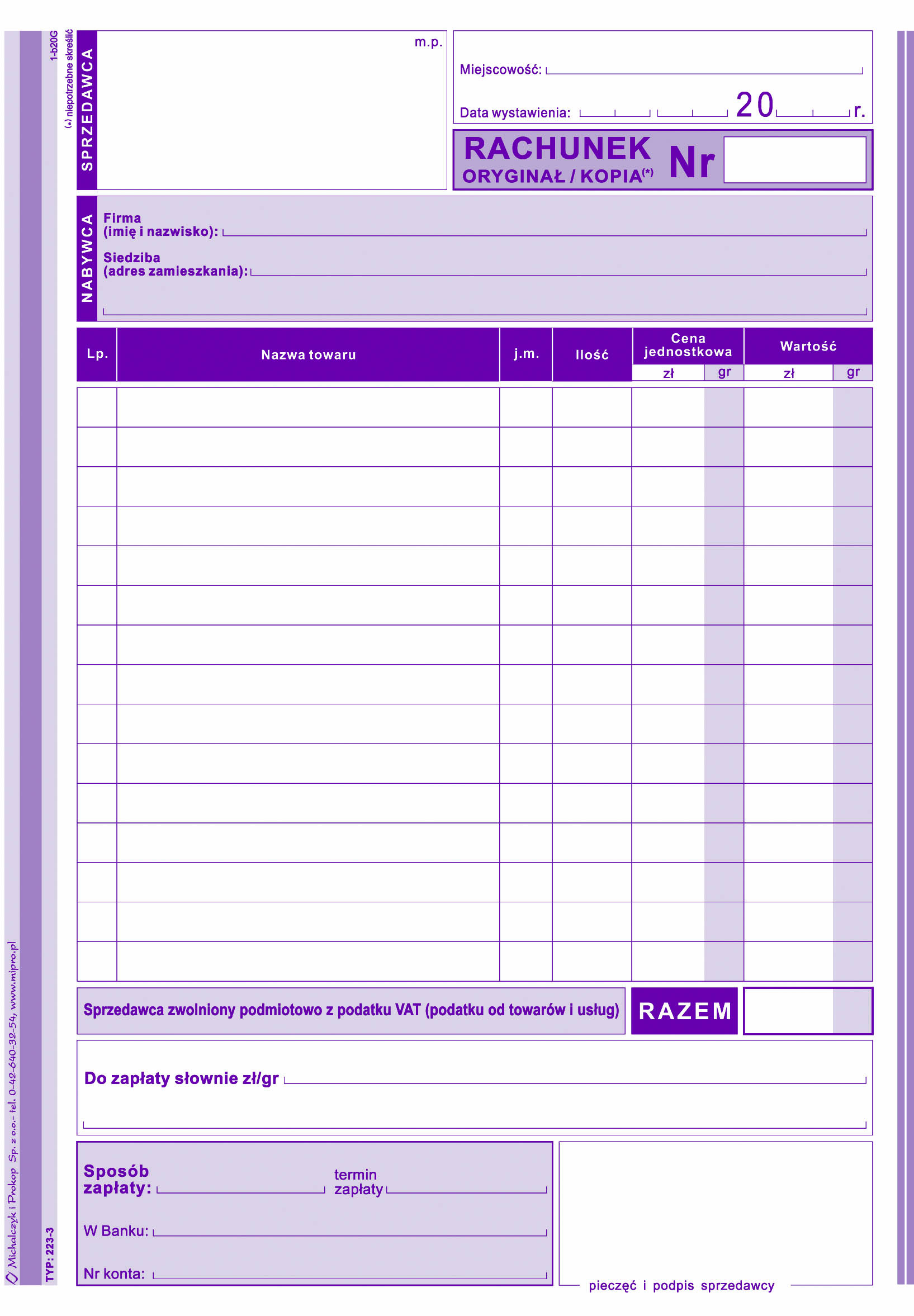 Rachunek dla zwolnionych podmiotowo z VAT MiP 223-3 A5