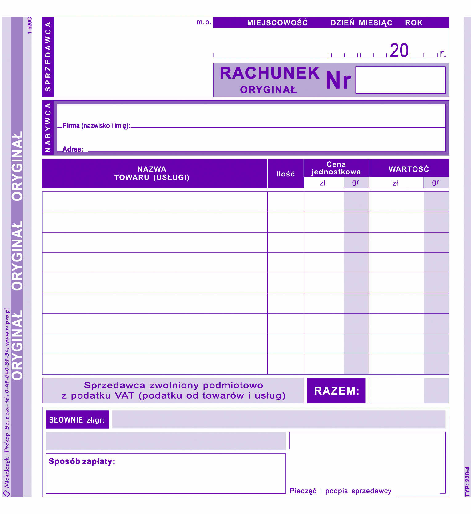 Rachunek dla zwolnionych podmiotowo z VAT MiP 230-4 A5