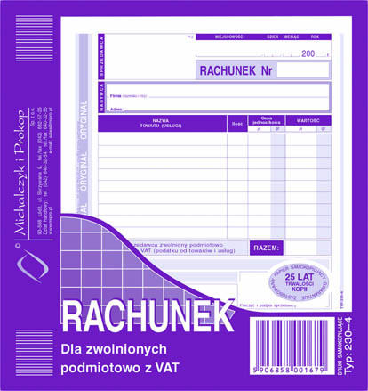 Rachunek dla zwolnionych podmiotowo z VAT MiP 230-4 A5
