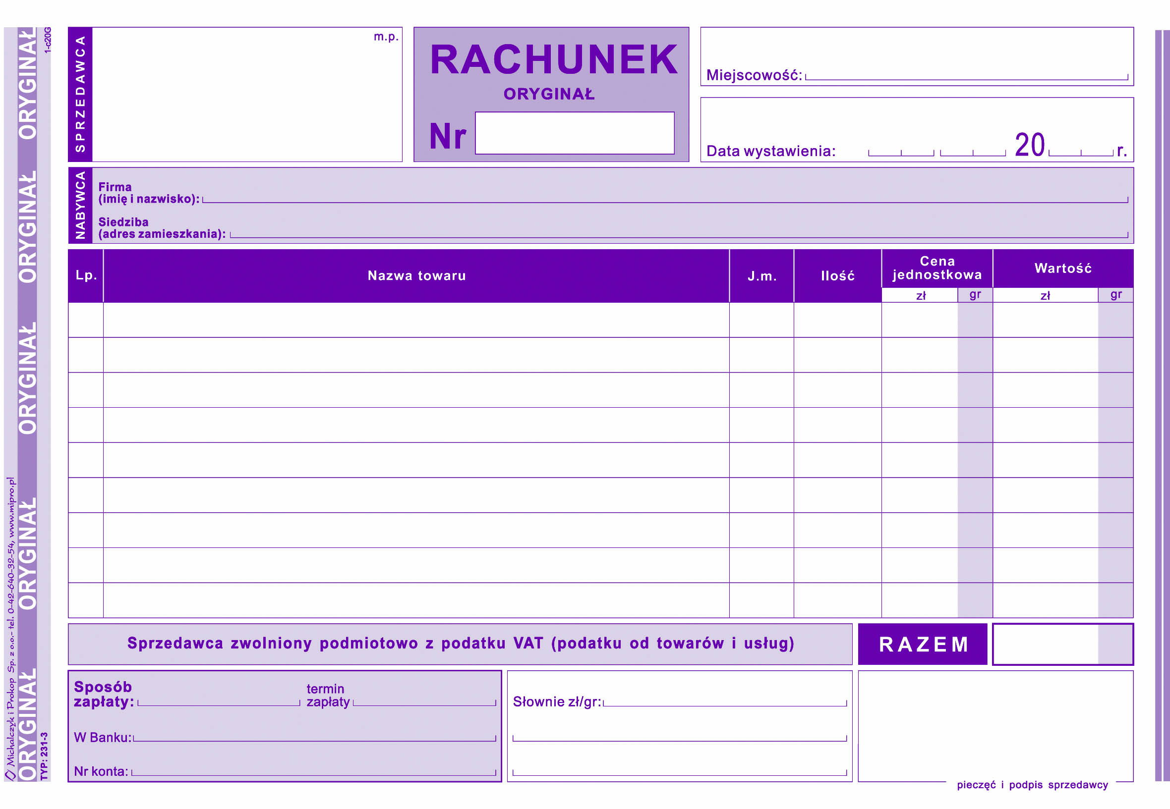 Rachunek dla zwolnionych podmiotowo z VAT MiP 231-3 A5