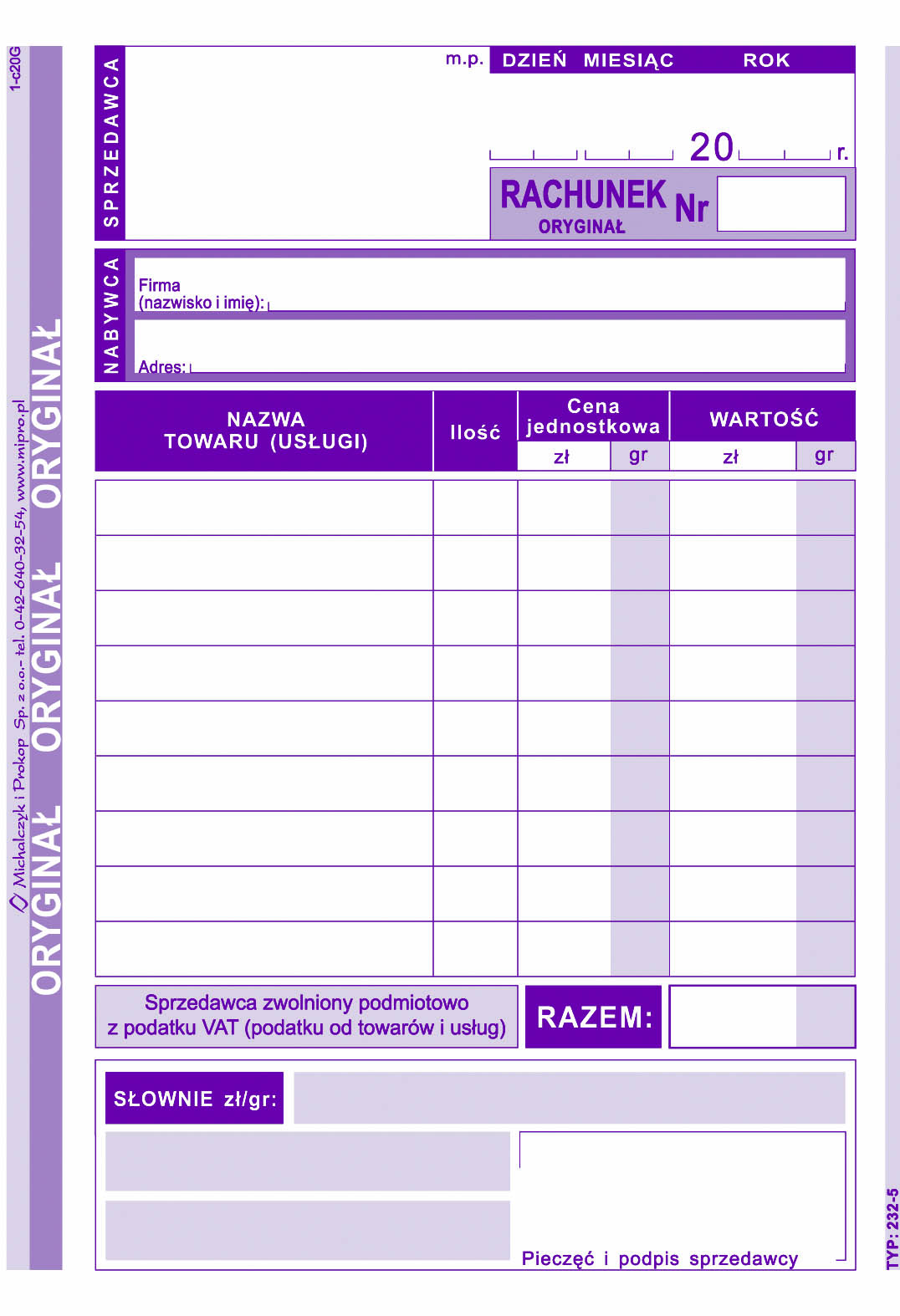 Rachunek dla zwolnionych podmiotowo z VAT MiP 232-5 A6