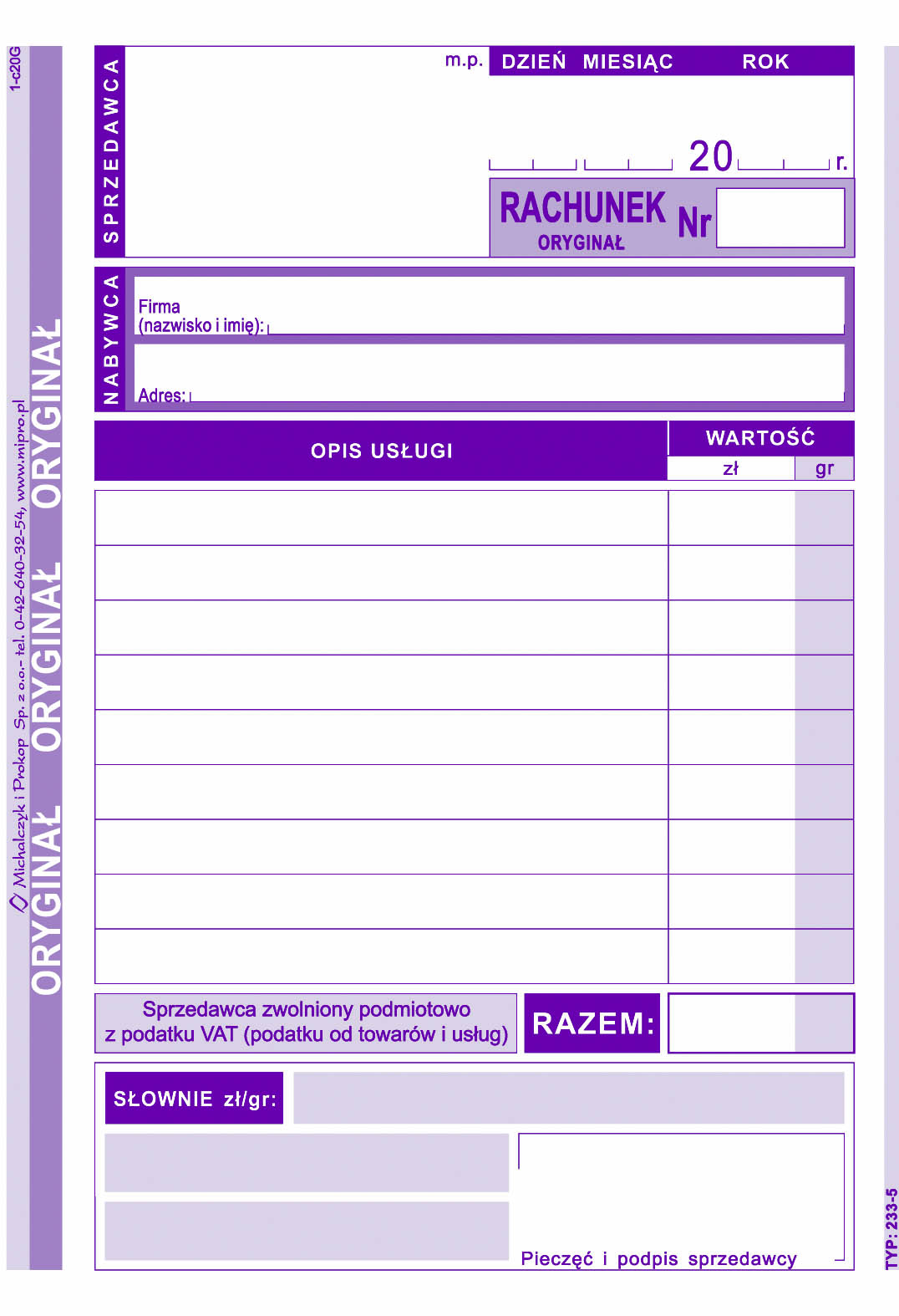 Rachunek dla zwolnionych podmiotowo z VAT MiP 233-5 A6
