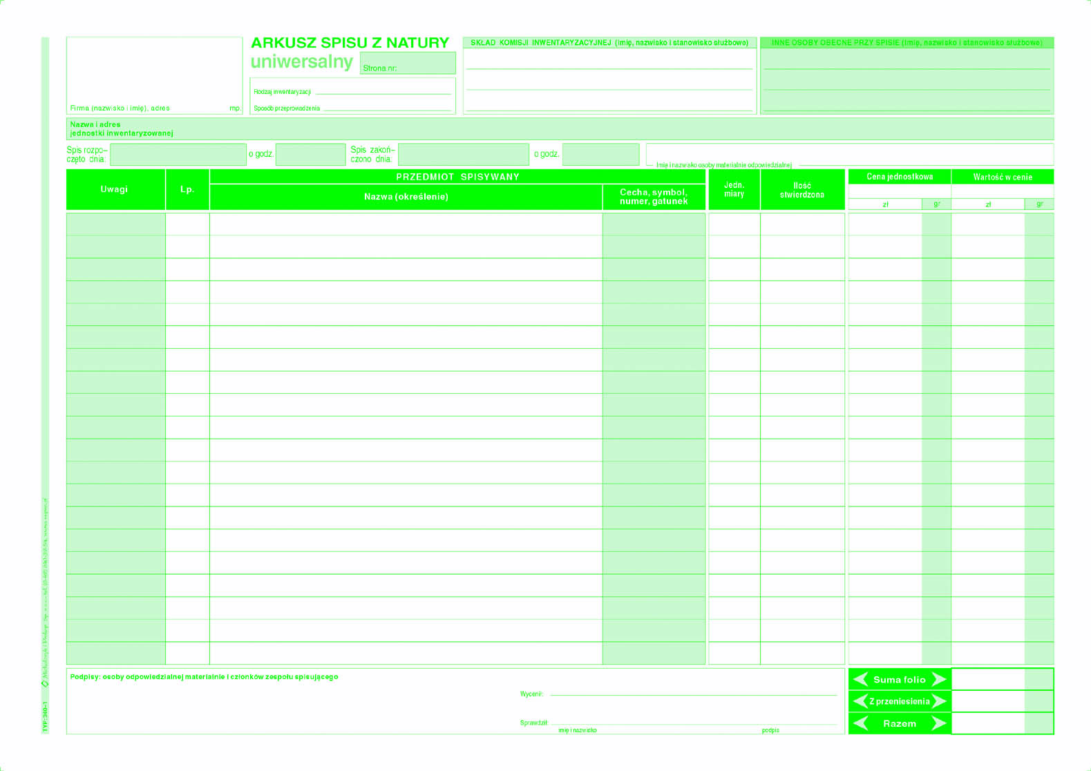 Arkusz spisu z natury MiP 340-1 A4 (wielokopia)