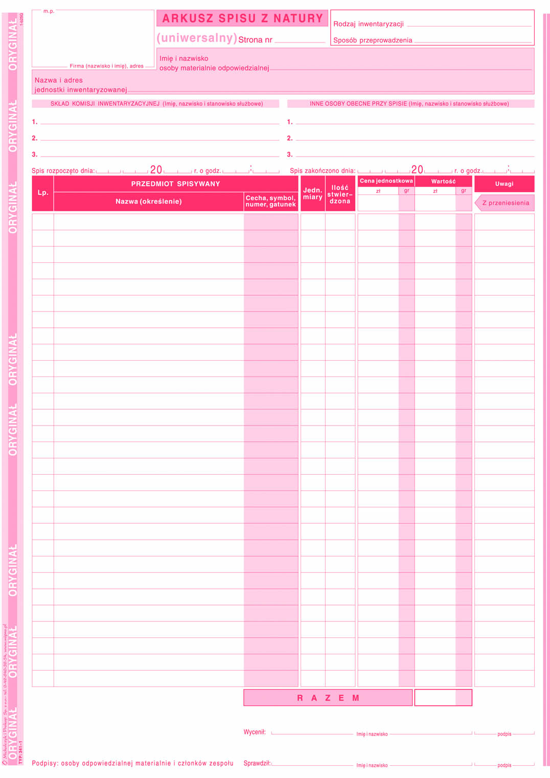 Arkusz spisu z natury MiP 341-1 A4 (wielokopia)