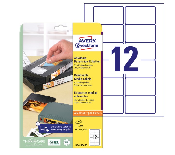Usuwalne etykiety na kasety video i inne nośniki danych Avery Zweckform 78,8x46,6 mm