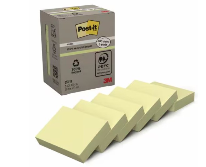 Karteczki samoprzylepne Post-it® Recycled, Kanarkowy Żółty, 38mm x 51mm, 6x100szt 100% PEFC 7100172254 3M