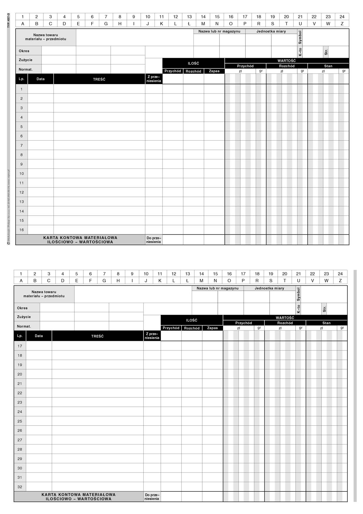 Karta kontowa materiałowa ilościowo-wartościowa MiP 437-3 A5