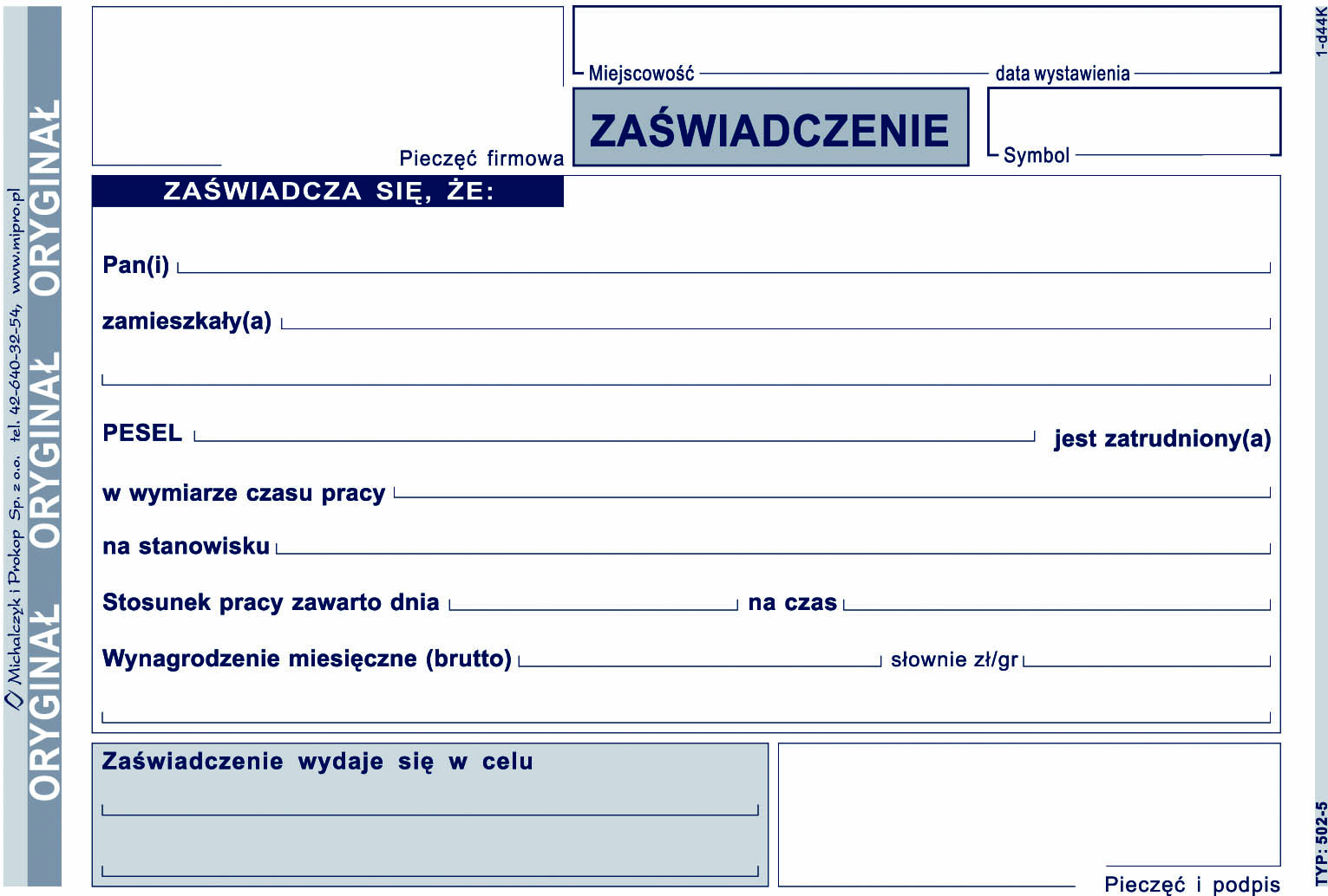 Zaświadczenie o zatrudnieniu MiP 502-5 A6