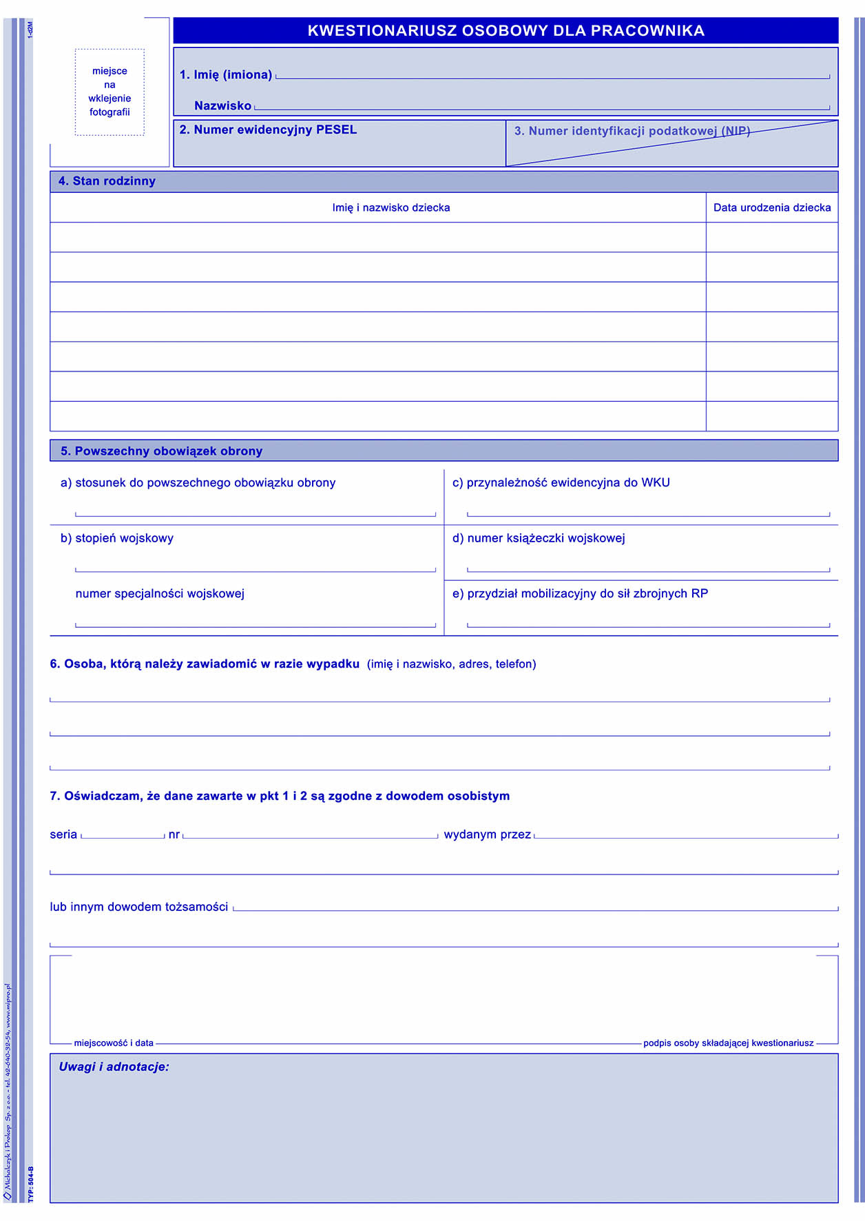 Kwestionariusz osobowy dla pracownika MiP 504-B A4