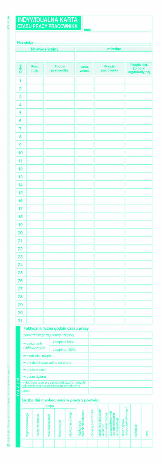 Indywidualna karta czasu pracy pracownika MiP 531-0 1/2 A4
