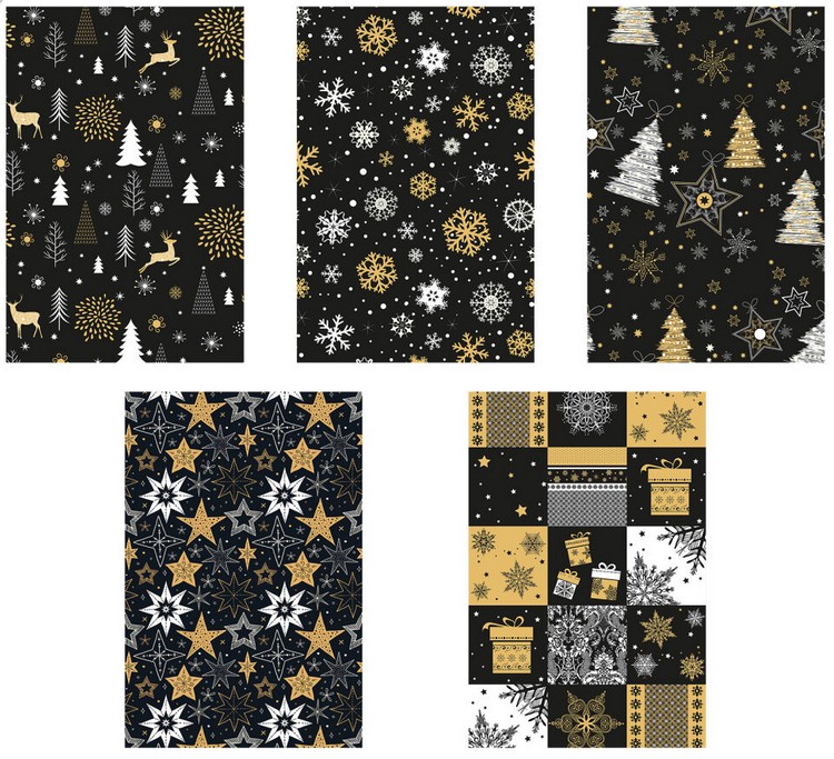 Papier ozdobny metalizowany 70x200cm (1ark) Gwiazdka zest.5 grafika - Czarne, Srebrne, Złote P2 Pol-Mak