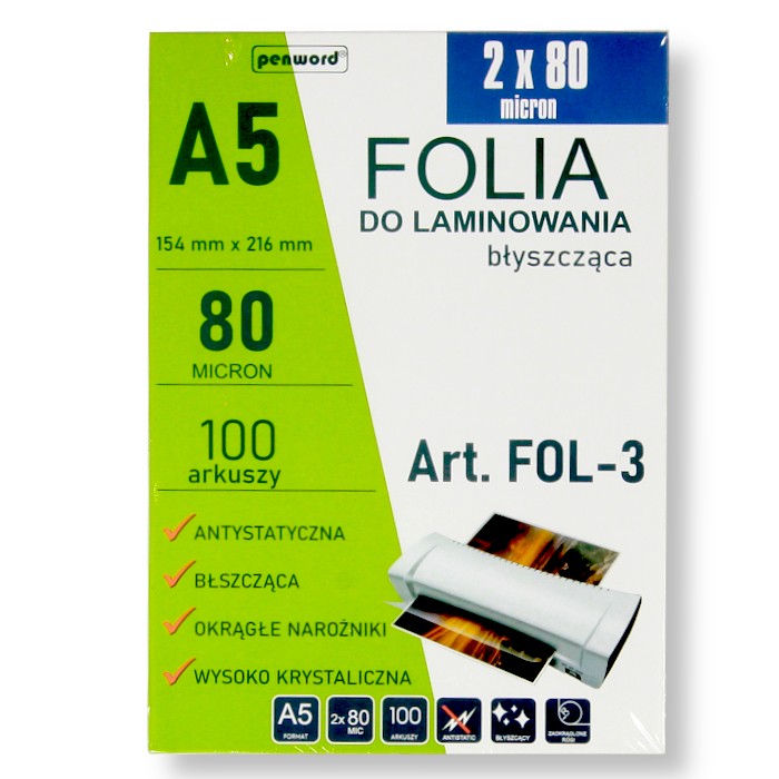 Folia do laminowania A5/100 154x216mm błysk 80mic Polsirhurt