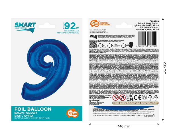 Balon foliowy Smart cyfra 9 niebieska 92cm AA CH-S9N9 GoDan