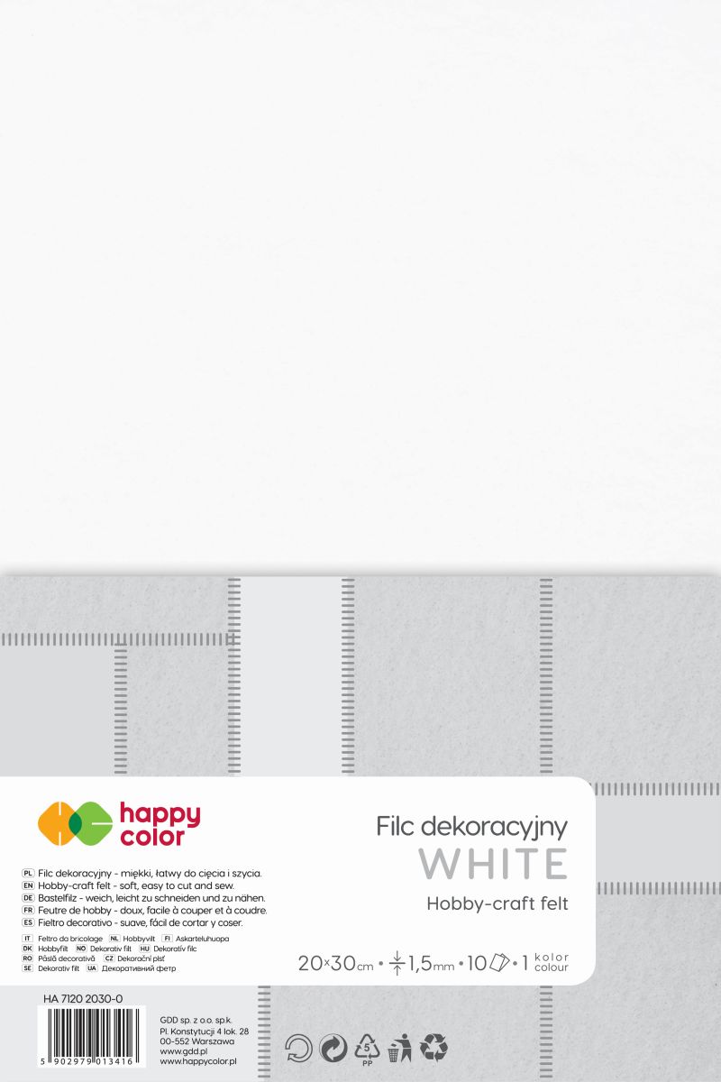 Filc dekoracyjny 20x30cm 1,5mm 10 ark. biały Happy Color HA 7120-2030-0